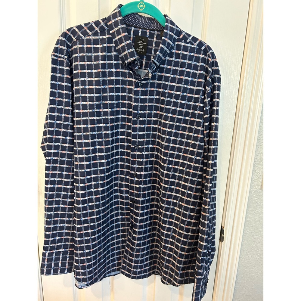 Michael Strahan Button Down Navy Blue Slim Fit Floral Grid Stretch‎ Dress Shirt